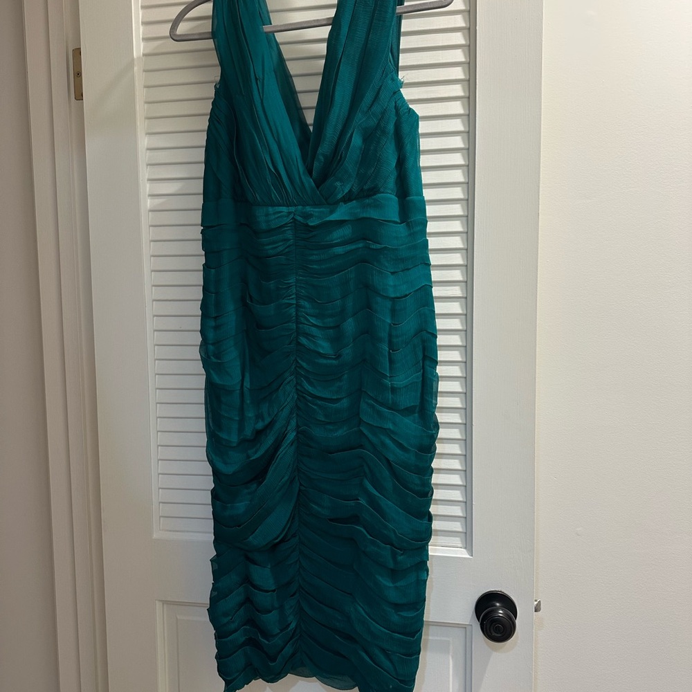 Tadashi Shoji Green Ruched Sheath Midi Dress